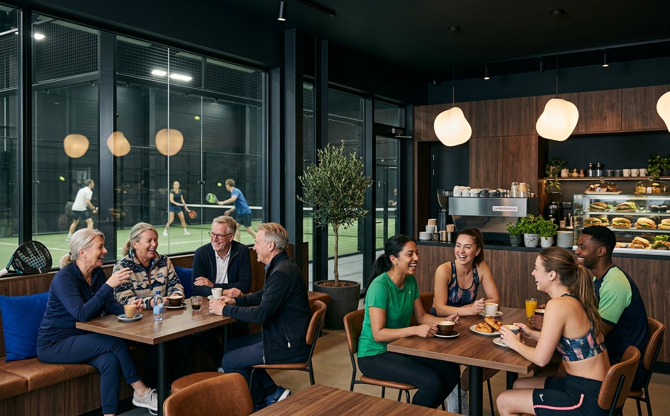 Members relaxing and laughing in the Volta café-lounge, with padel courts visible through the glass behind them